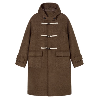 PSO Brand男装女装羊毛连帽中长款牛角扣大衣毛呢女款外套高级感