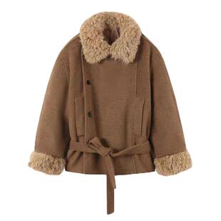 毛领加厚毛呢外套女夹棉显瘦冬季韩系小个子短款棕色保暖呢子大衣