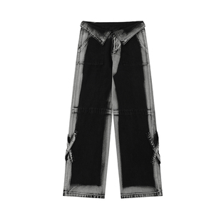 PMORH 多巴胺穿搭高街牛仔裤女秋冬高腰翻边设计感宽松阔腿长裤子