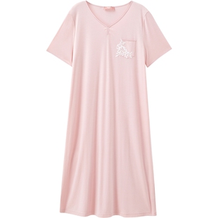 曼妮芬性感V领短袖裙家居服女士舒适中长款起居服睡裙春夏款睡衣