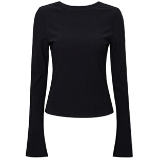 TOP家 精致美感 法式复古时髦基础款修身显瘦露背弹力长袖上衣秋