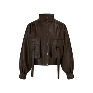 HiimDai 德鲁纳 嬉皮士美式挺阔压褶立领大口袋工装夹克皮衣外套