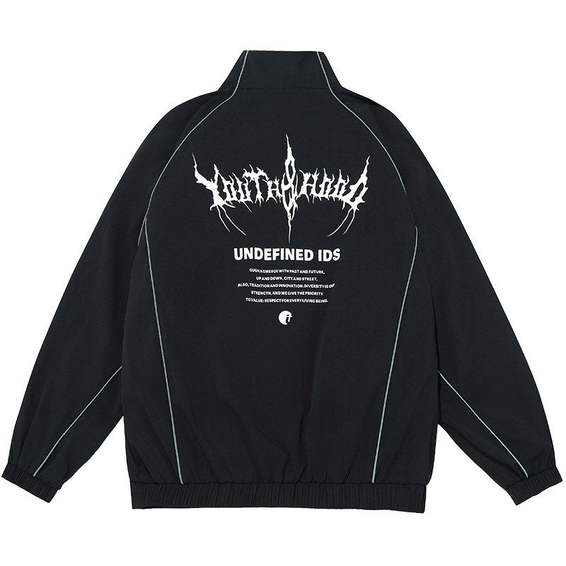 GUUKA黑色哥特字体夹克男秋季新款 情侣户外街头风反光条外套宽松