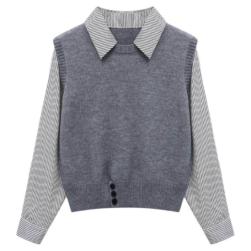 Basic House/百家好衬衫领假两件保暖毛衣内搭女早秋新款简约上衣