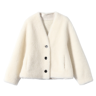 淘么淘「奢美矜贵」纯羊毛仿皮毛一体羊羔毛宽松V领短款皮草外套