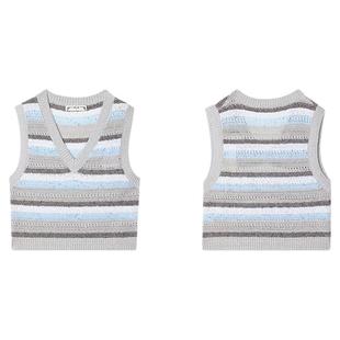 PIT复古撞色横条纹V领无袖针织背心马甲女2025秋叠穿坎肩上衣