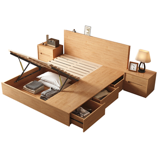 日式全实木双人床简约现代原木风橡木落地床北欧卧室高箱储物床