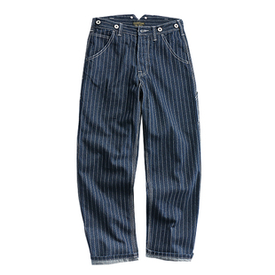 背带裤条纹牛仔裤 男士欧美咔叽风格 日系宽松版直筒牛仔长裤