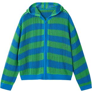 URLAZH有兰新款复古蓝绿条纹气质纯棉宽松拉链廓形镂空针织开衫女