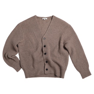 CLIMAX VISION坑条肌理羊毛混纺牛角扣V领针织开衫毛衣 复古老钱