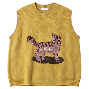 黄色日系复古猫咪卷边针织背心马甲女春秋新款宽松减龄无袖毛上衣