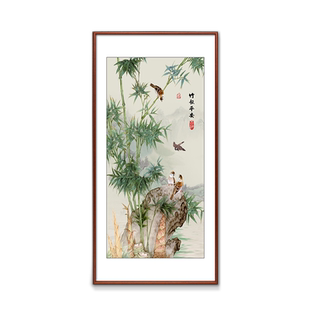 竹报平安竖版玄关画客厅装饰画绿竹子挂画墨竹图书房茶室过道壁画