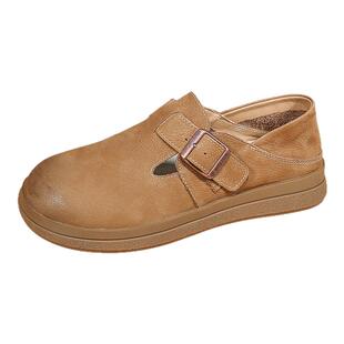 头层牛皮复古勃肯鞋女202春秋新款一脚蹬单鞋乐福鞋平底小皮鞋女