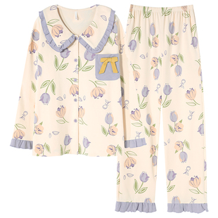 都市丽人睡衣女士春秋100%纯棉长袖2025新款带胸垫家居服卡通套装