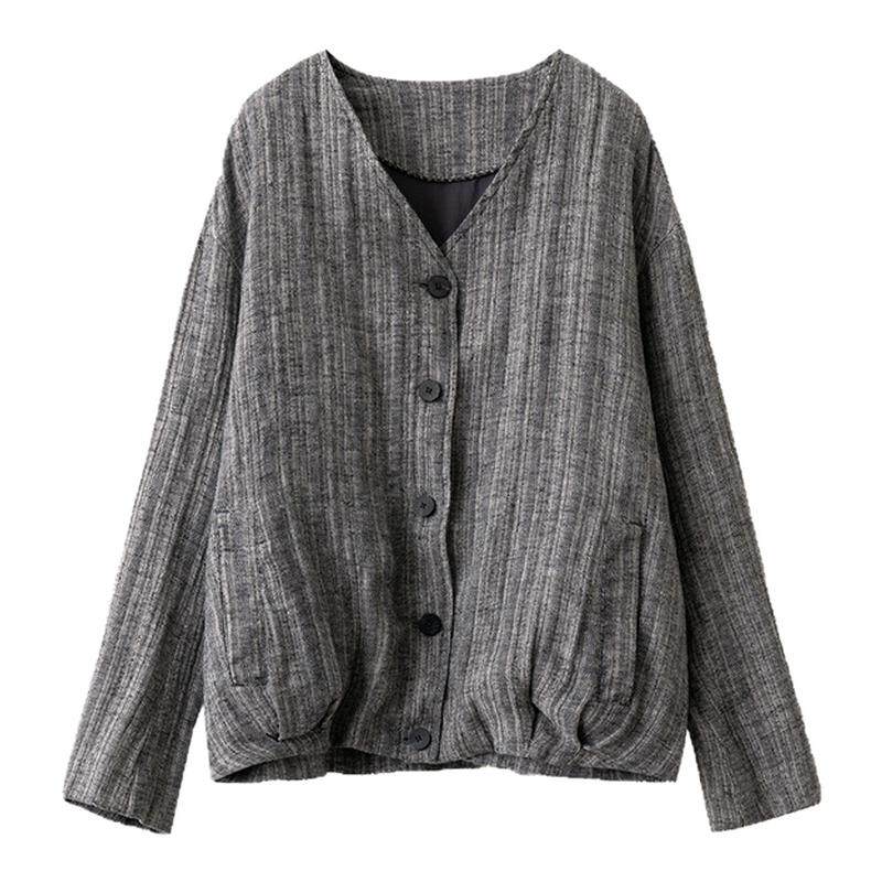 梭家｜苏醒的城｜自然生动黑杏色色织亚麻v领开衫春夏女文艺外套