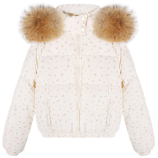 落落狷介 短款碎花羽绒服女款冬季2025年新款连帽大毛领加厚外套