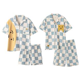 可人儿夏季情侣纯棉睡衣女韩版卡通夏天薄款开衫短袖男家居服套装