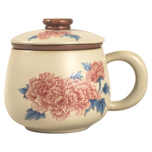 汝窑芙蓉花陶瓷水杯办公杯马克杯带盖茶水分离茶杯礼盒装伴手礼物