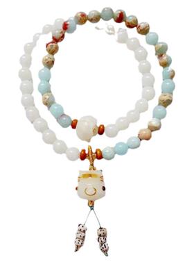 天然菩提根手串手链寿山石圆珠炭烤招财猫吊坠佛珠文玩双圈男女款