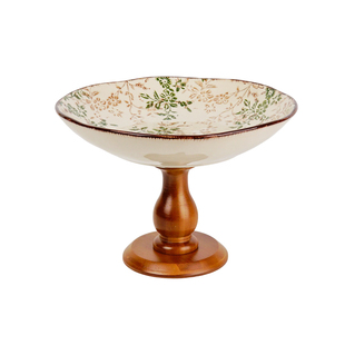 陶瓷高脚复古木质托盘繁花水果盘家用客厅茶几茶店零食卧室干果盘