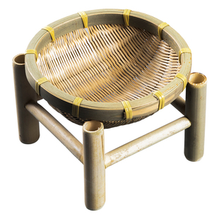 手工竹编篮子零食水果篮簸箕圆形家用编织道具木架子酒店饭店摆盘