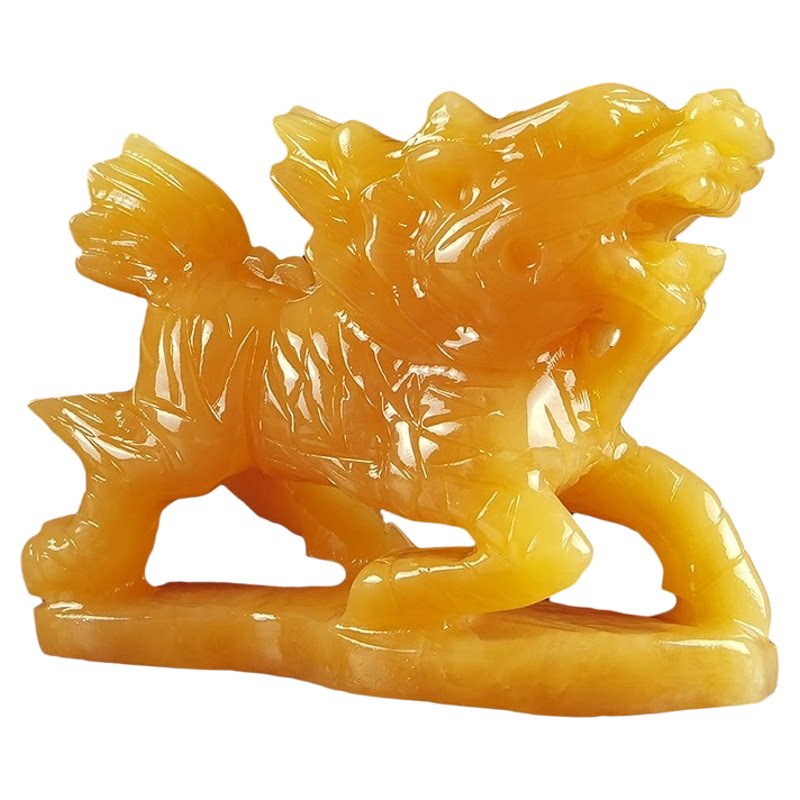 天然黄玉石材质麒麟摆件一对客厅卧室家居玉器乔迁店铺开业貔貅