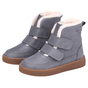 DONSJE男女儿童手工秋冬牛皮双魔术贴毛边加绒中童中筒羊毛皮靴
