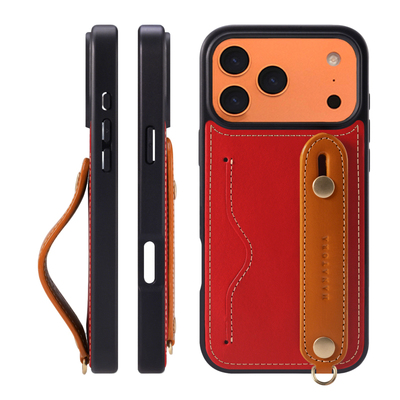 适用于苹果17手机壳真皮挂绳腕带