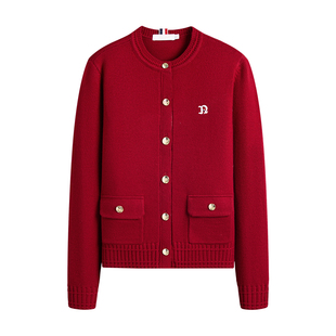 Navigare意大利小帆船撞色针织开衫女士羊毛红色秋季新款毛衣外套