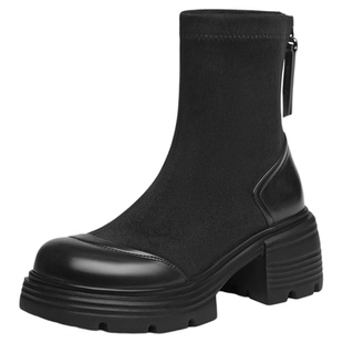 红蜻蜓弹力靴女秋冬季新款女鞋靴子短靴厚底粗跟显瘦增高瘦瘦靴