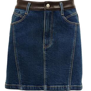 ONLY春季莱卡PU拼接高腰A字牛仔短裙半身裙女|124437005