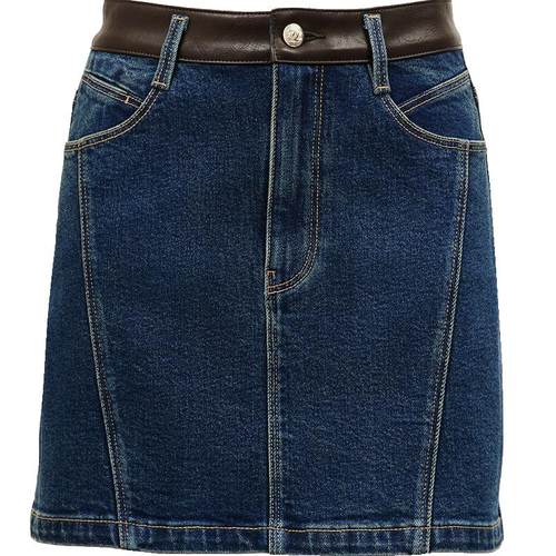 ONLY秋季莱卡PU拼接高腰A字牛仔短裙半身裙女|124437005