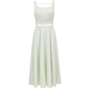 ONLY2025夏季新款肌理感复古U型领腰身镂空无袖A字中长款连衣裙女