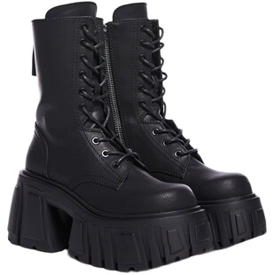 超高跟厚底中筒靴女秋冬小个子增高短靴潮矮子乐粗跟真皮马丁靴子