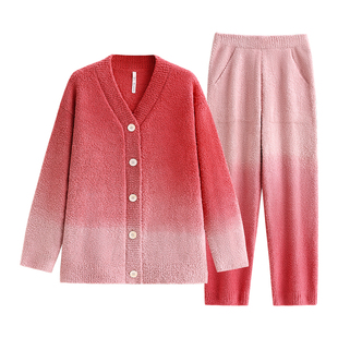 悦内半边绒睡衣女士秋冬款冬季珊瑚绒家居服加厚加绒保暖毛绒渐变