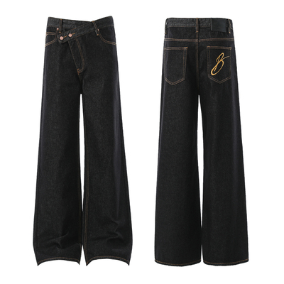 丹宁刺绣美式复古不规则牛仔裤