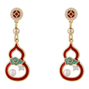 红色钱币葫芦珍珠耳环女2026新款爆款新年耳饰玄学旺财高级感耳钉