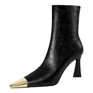 气质小方头高跟瘦瘦靴女2025年秋冬新款侧拉链弹力靴加绒粗跟短靴