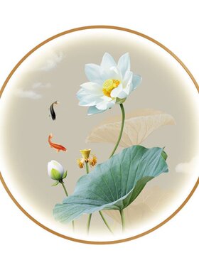 荷花装饰画餐厅卧室酒店走廊莲花壁灯新中式圆形客厅玄关带灯挂画