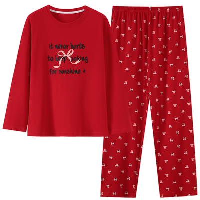 春秋纯棉红色本命年女睡衣套装