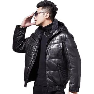 真皮皮衣男短款绵羊皮连帽羊毛领夹克羽绒服冬季大衣时尚皮草外套