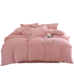 南方寝饰刺绣被套牛奶绒四件套冬天加密厚实保暖床单家纺床上用品