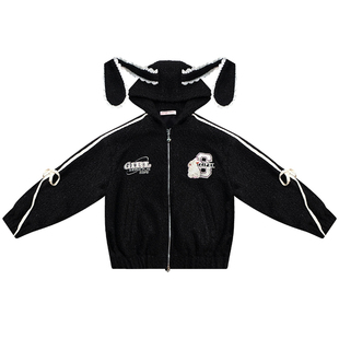 ziziFei秋冬季设计感连帽兔耳朵蕾丝边运动风黑色呢子短款外套女