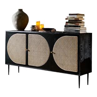 北欧实木藤编餐边柜小户型客厅茶水柜储物柜简约现代门厅玄关柜子