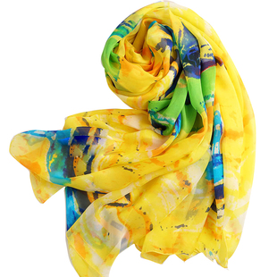 丝巾黄色灯塔长款真丝围巾100%桑蚕丝女士披肩春秋冬夏季百搭