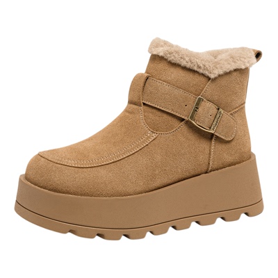 磨砂牛皮马丁靴女厚底侧拉链加棉