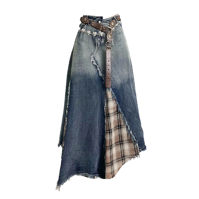 美拉德复古不规则牛仔拼接格纹A字高腰半身裙渐变大摆中长款长裙