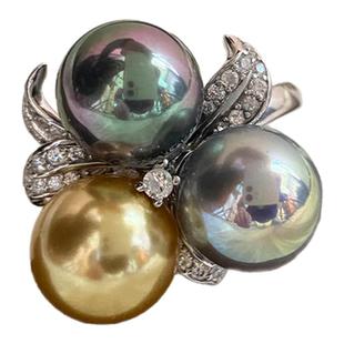 圣诞手捧花|大溪地辣色混彩珍珠耳钉戒指套装通体s925纯银孔雀绿