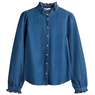 HM女装衬衫春季长袖潮流时尚气质褶边牛仔上衣1260356