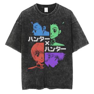 全职猎人HUNTER周边动漫水洗做旧复古纯棉短袖T恤男女宽松t-shirt